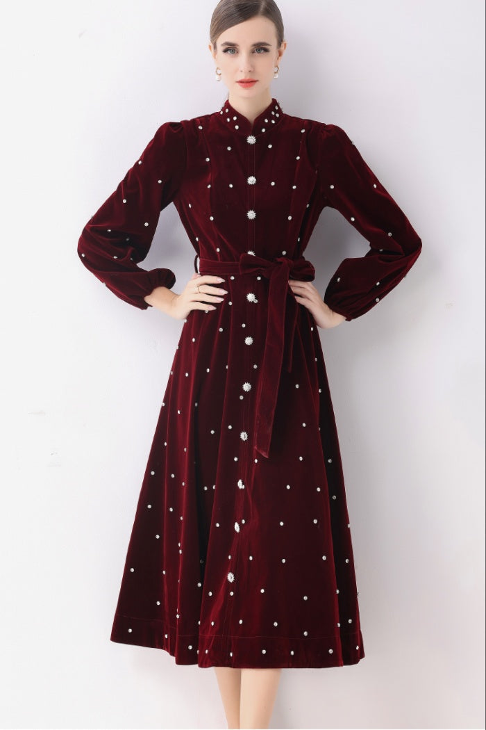 CM-DY057815 Women Elegant European Style Stand Collar Long Sleeve Rhinestone Decor Single-Breasted Dress - Dark Red