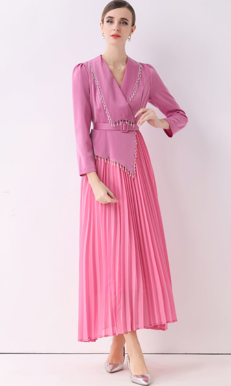 CM-DY057818 Women Elegant European Style V-Neck Long Sleeve Beading Decor Pleated Midi Dress - Pink