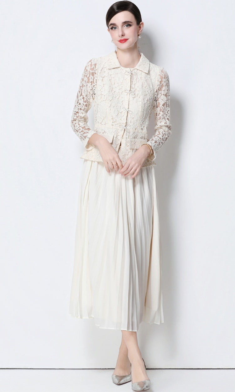 CM-DY057826 Women Elegant European Style Collar Neckline Long Sleeve Belted Pseudo-Two Pleated Long Dress - Apricot
