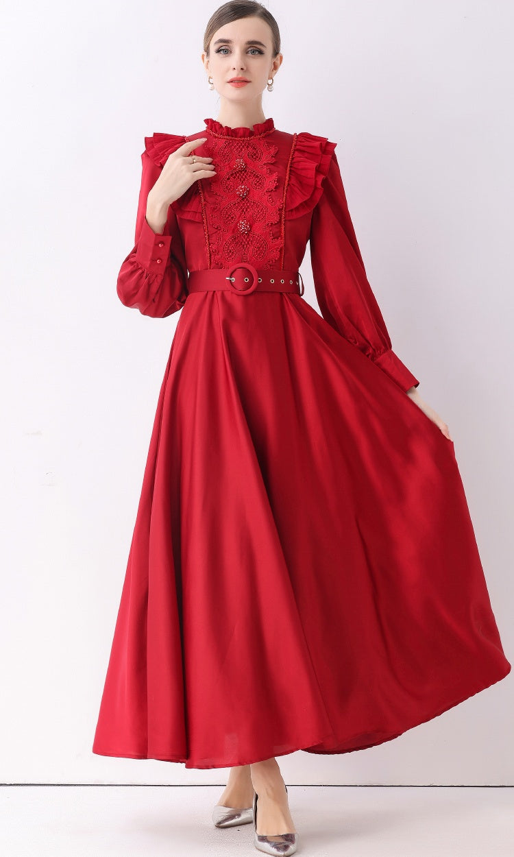 CM-DY057834 Women Elegant European Style Stand Collar Long Sleeve Pinched Waist Maxi Dress - Red