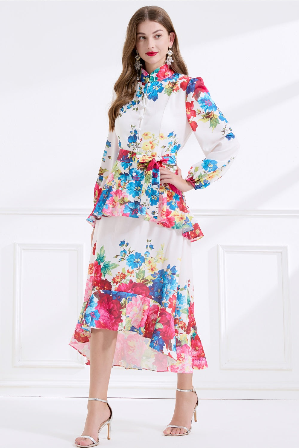 CM-DY057893 Women Elegant European Style Stand Collar Long Sleeve Floral Print Ruffle Dress - White