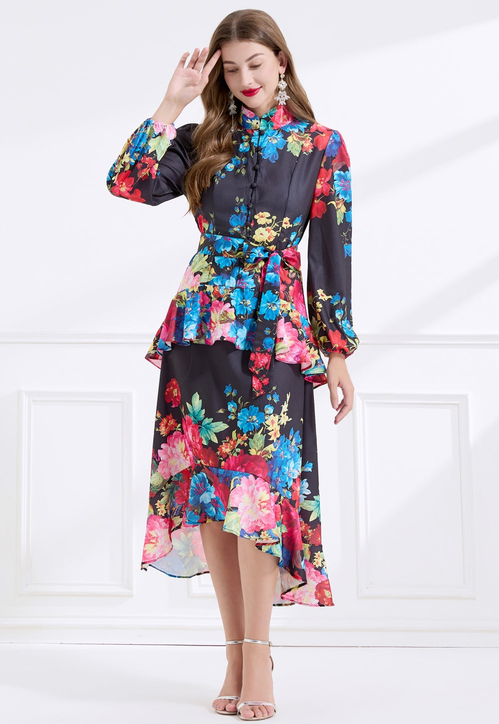 CM-DY057894 Women Elegant European Style Stand Collar Long Sleeve Floral Print Ruffle Dress - Black