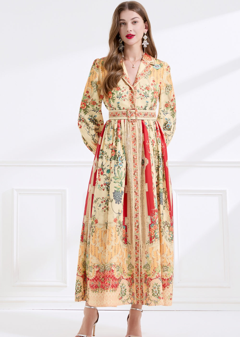 CM-DY057898 Women Elegant European Style Lapel Neckline Long Sleeve Floral Print Maxi Dress - Apricot