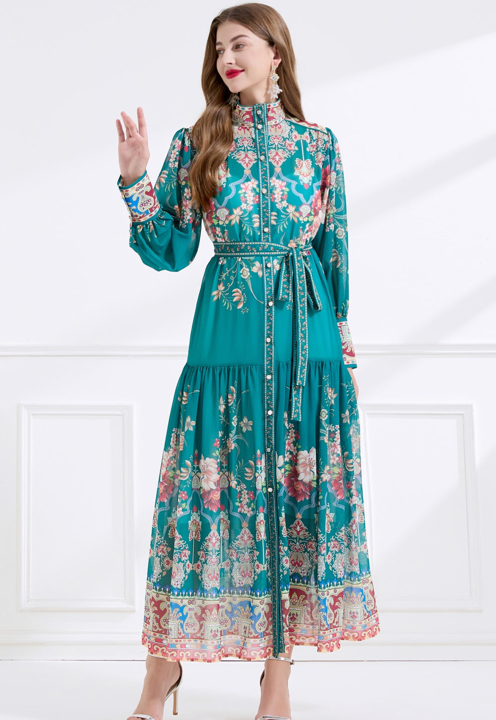 CM-DY057899 Women Elegant European Style Stand Collar Lantern Sleeve Floral Print Long Dress - Green