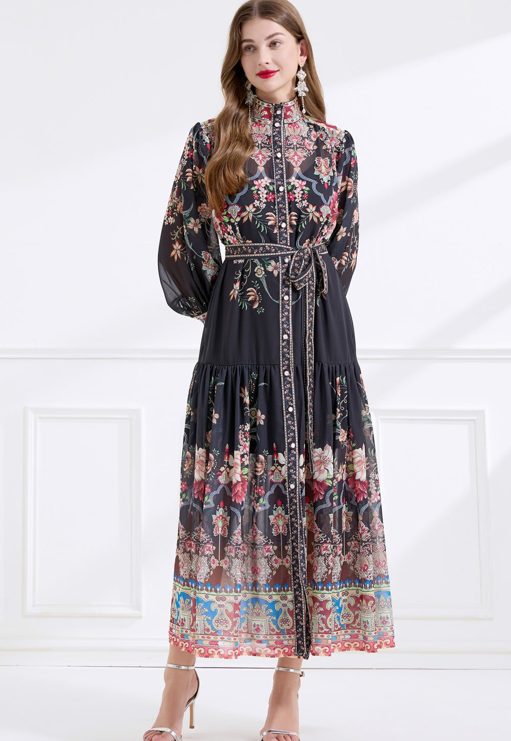 CM-DY057900 Women Elegant European Style Stand Collar Lantern Sleeve Floral Print Long Dress - Black