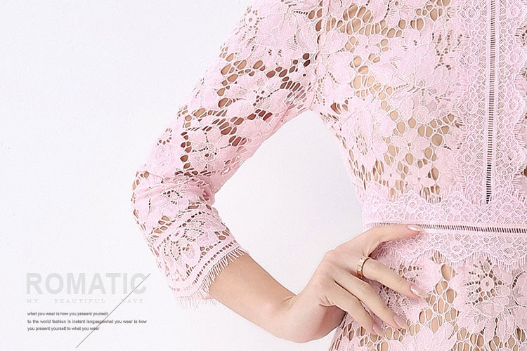 CM-DY058232 Women Elegant European Style Round Neck 3/4 Sleeve Hollow Out Slim Mid-Length Dress - Pink