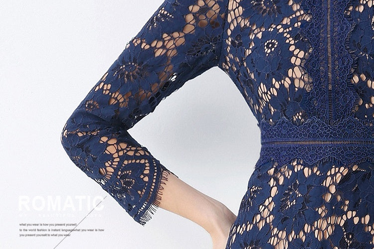 CM-DY058233 Women Elegant European Style Round Neck 3/4 Sleeve Hollow Out Slim Mid-Length Dress - Navy Blue
