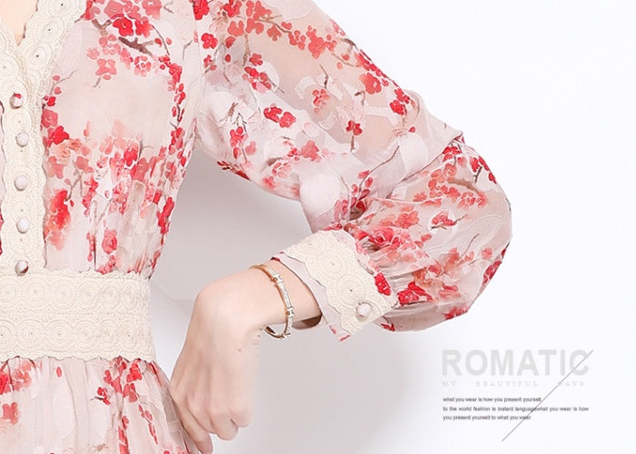 CM-DY058235 Women Elegant European Style V-Neck Long Sleeve Medium Waist Lace Midi Dress