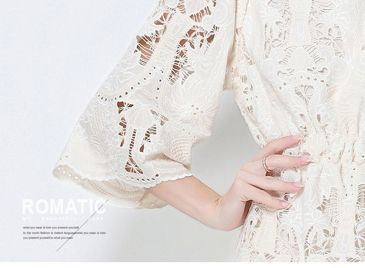 CM-DY058539 Women Elegant European Style Round Neck 3/4 Sleeve Lace Midi Dress - Beige