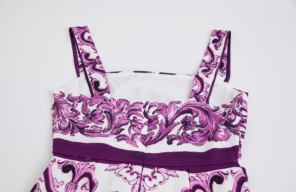 CM-DY058901 Women Elegant Seoul Style All-Over Print Square Collar Strap Pinched Waist Dress - Purple