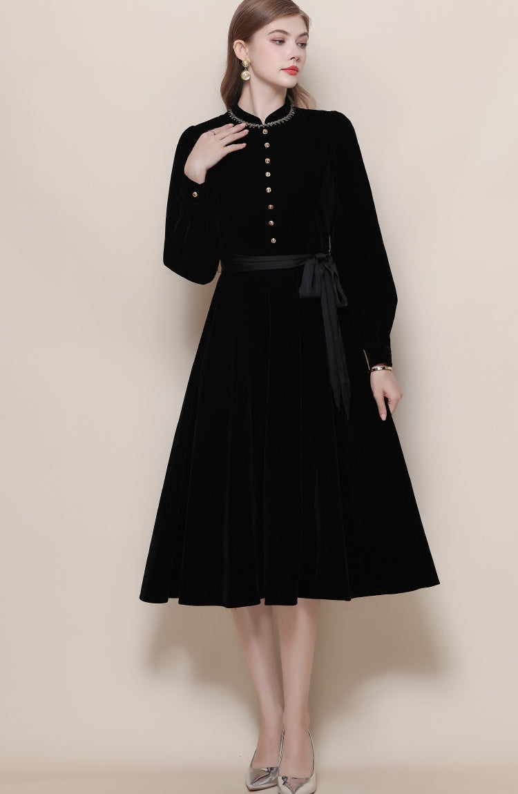 CM-DY059517 Women Elegant European Style Stand Collar Long Sleeve Pinched Waist Midi Dress - Black