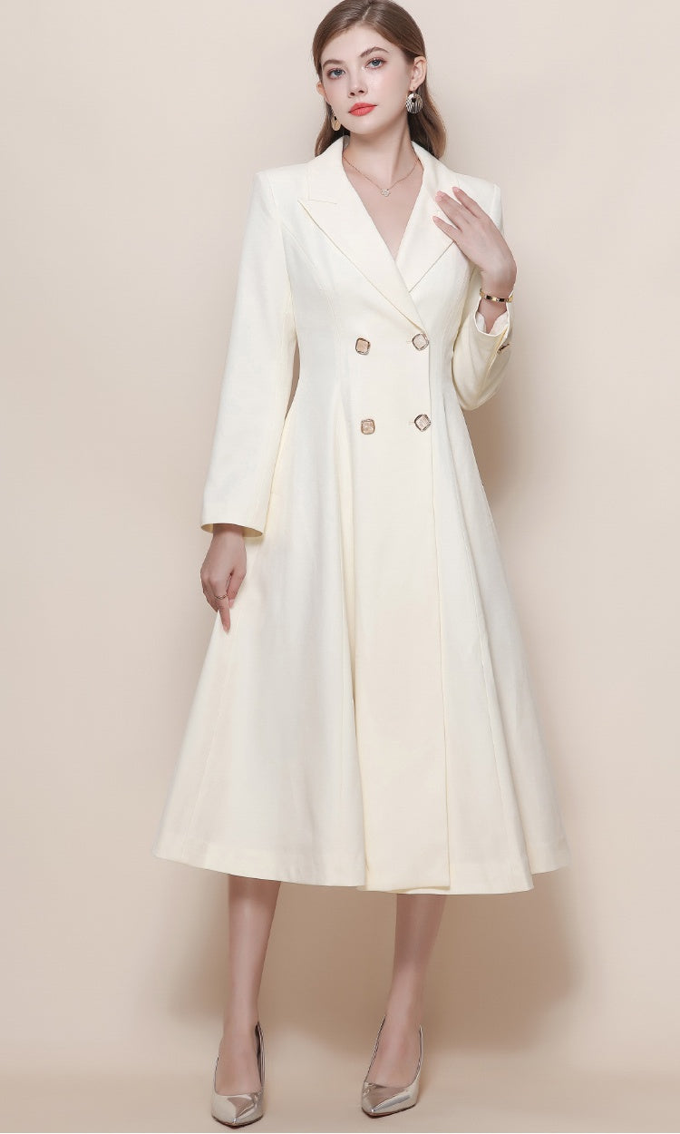 CM-DY059518 Women Elegant European Style Suit Collar Long Sleeve Double-Breasted Pinched Waist Coat Dress - Apricot