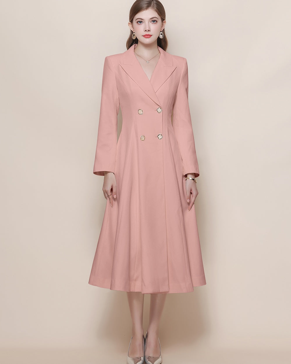 CM-DY059519 Women Elegant European Style Suit Collar Long Sleeve Double-Breasted Pinched Waist Coat Dress - Pink