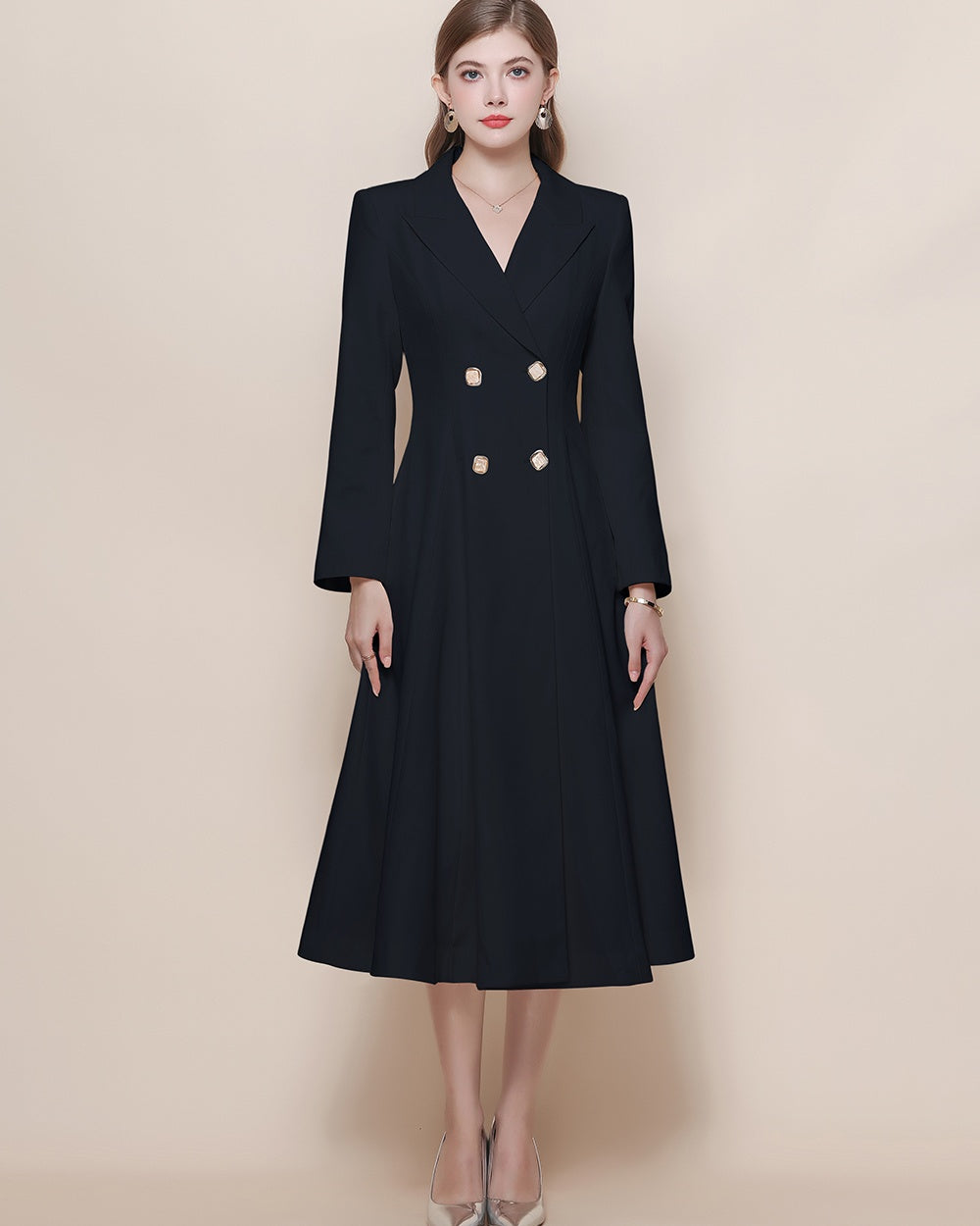 CM-DY059520 Women Elegant European Style Suit Collar Long Sleeve Double-Breasted Pinched Waist Coat Dress - Black