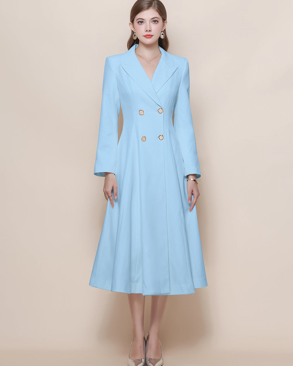 CM-DY059521 Women Elegant European Style Suit Collar Long Sleeve Double-Breasted Pinched Waist Coat Dress - Blue