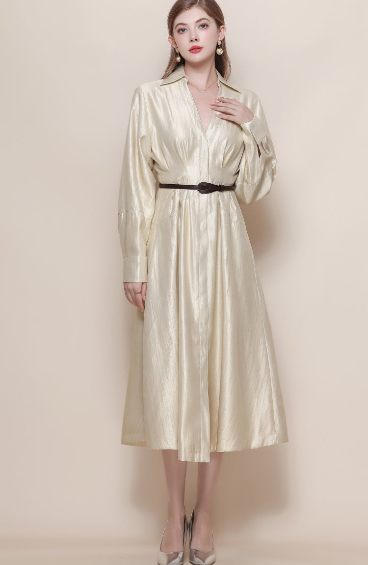 CM-DY059522 Women Elegant European Style V-Neck Long Sleeve Pinched Waist Mid Length Dress - Apricot