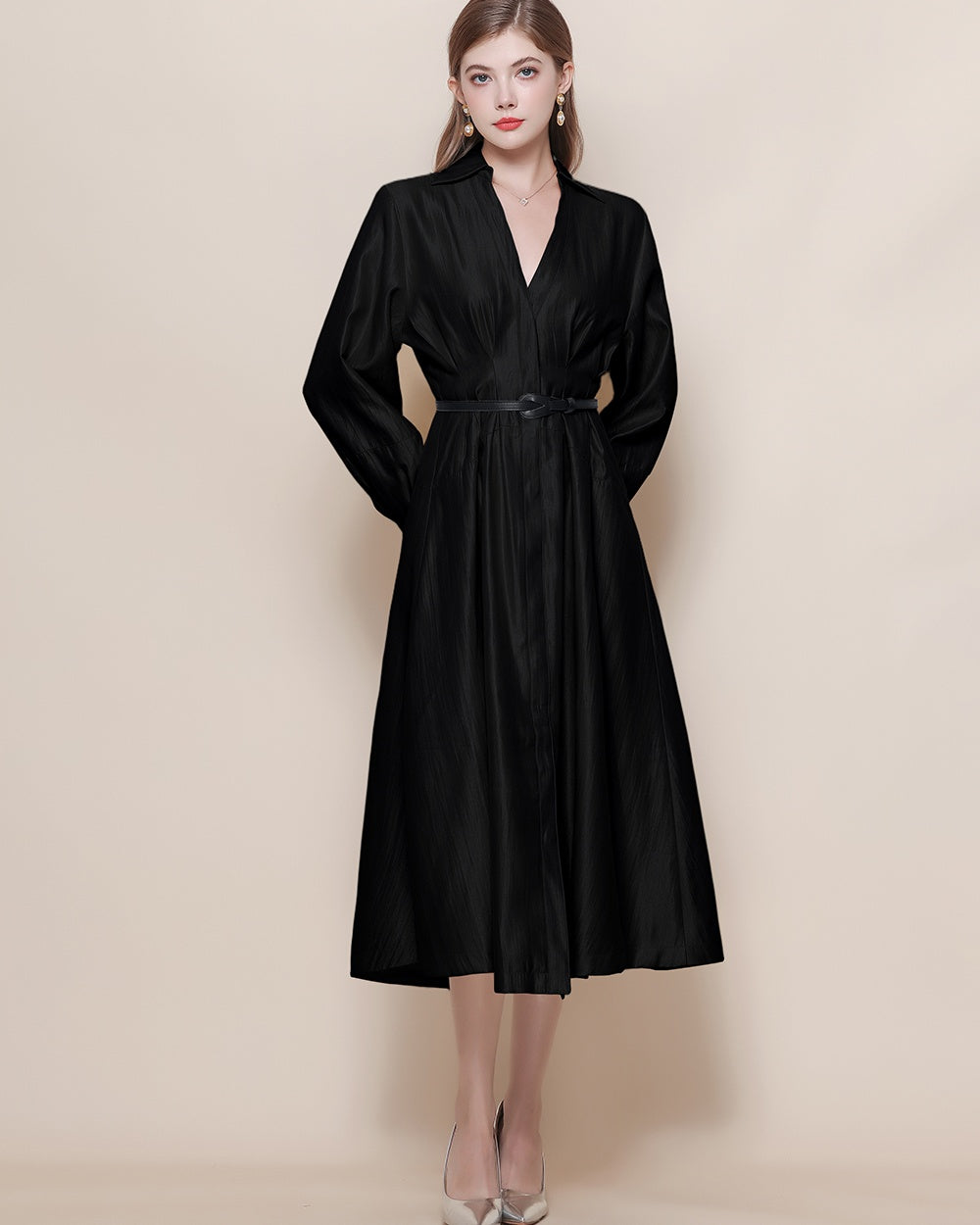 CM-DY059523 Women Elegant European Style V-Neck Long Sleeve Pinched Waist Mid Length Dress - Black