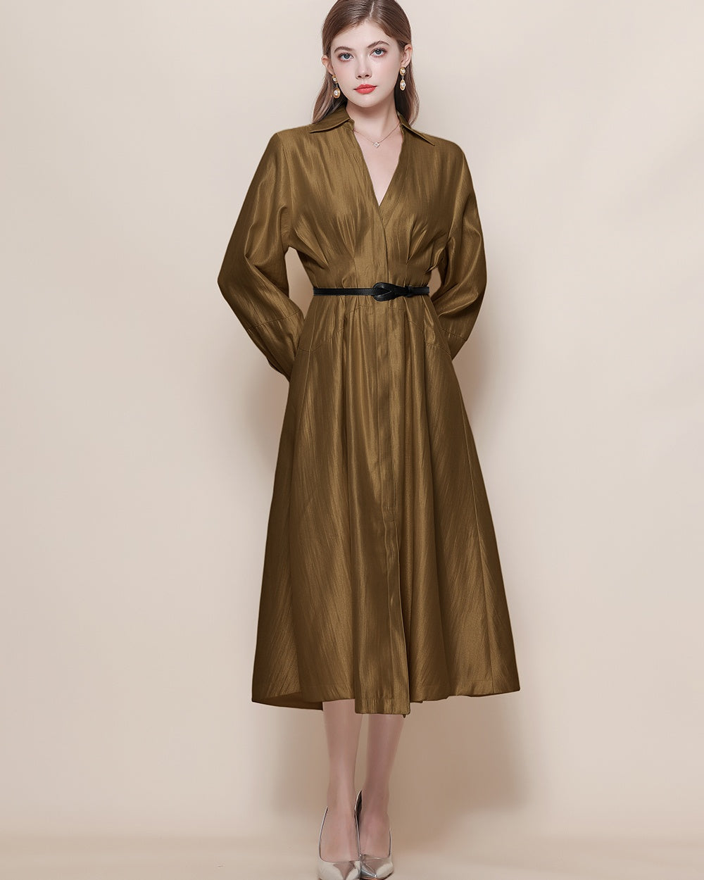 CM-DY059524 Women Elegant European Style V-Neck Long Sleeve Pinched Waist Mid Length Dress - Khaki