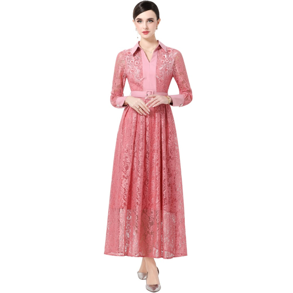 CM-DY059583 Women Elegant European Style Lace Collar Neckline Long Sleeve High Waist Belted A-Line Dress - Pink