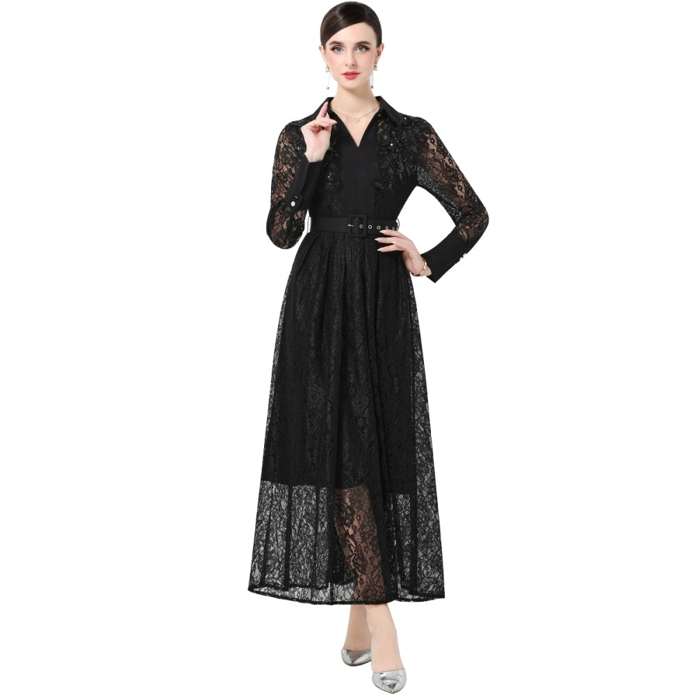 CM-DY059584 Women Elegant European Style Lace Collar Neckline Long Sleeve High Waist Belted A-Line Dress - Black