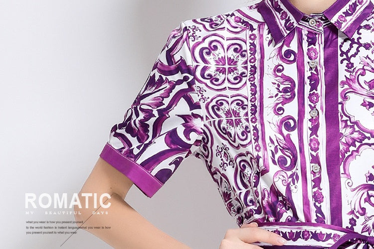 CM-DY060003 Women Elegant European Style Collar Neckline Short Sleeve All-Over Print Slim Mini Dress