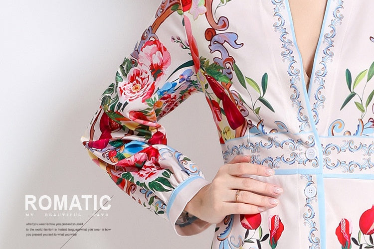 CM-DY060006 Women Elegant European Style V-Neck Long Sleeve All-Over Print Single-Breasted Maxi Dress