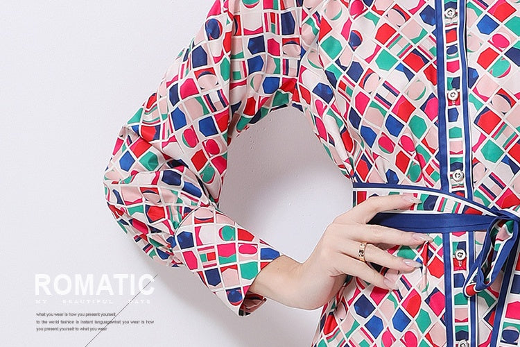 CM-DY060007 Women Elegant European Style Stand Collar Long Sleeve All-Over Print Maxi Dress