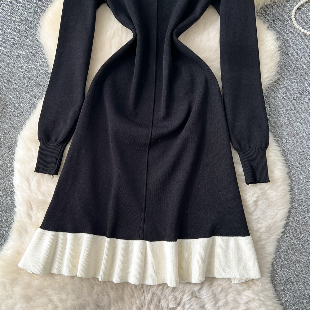 CM-DY060416 Women Elegant European Style Beads Decor Round Neck Long Sleeve High Waist Mini Dress (Available in 2 colors)