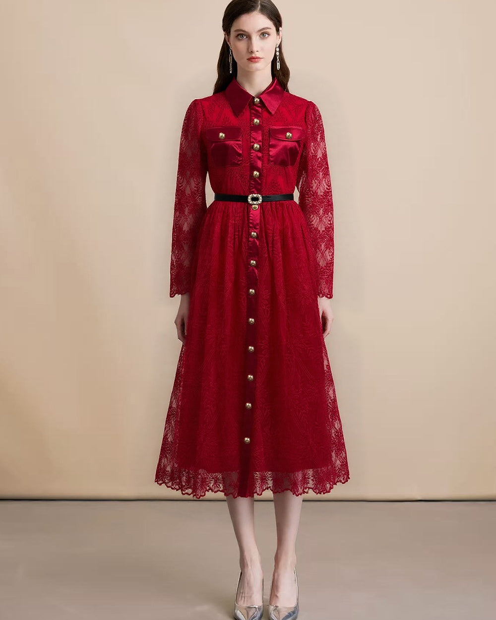 CM-DY060528 Women Elegant European Style Collar NecklineSingle-Breasted Pinched Waist Long Dress - Red