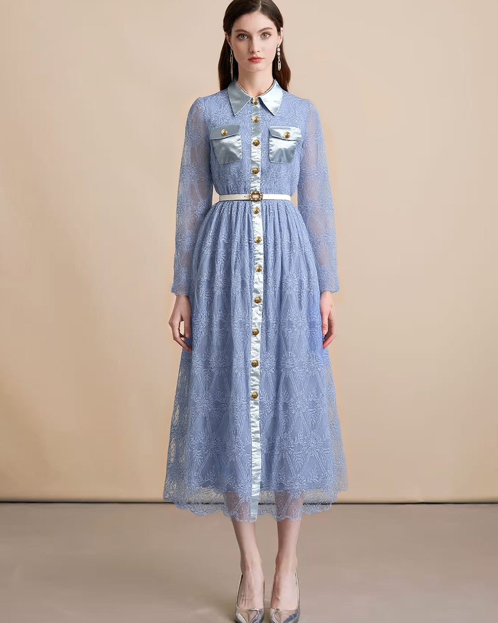 CM-DY060529 Women Elegant European Style Collar NecklineSingle-Breasted Pinched Waist Long Dress - Blue