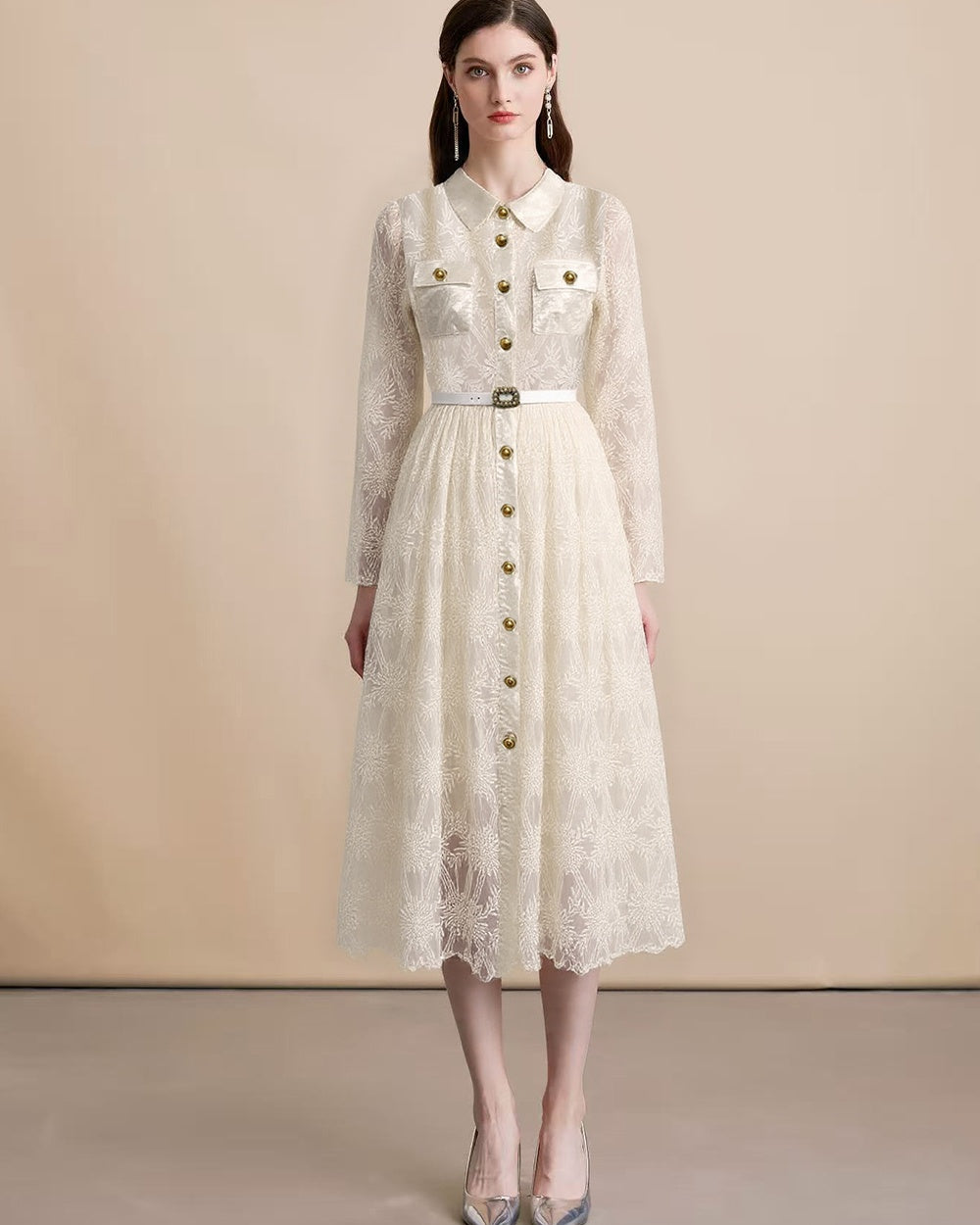 CM-DY060574 Women Elegant European Style Collar NecklineSingle-Breasted Pinched Waist Long Dress - Apricot