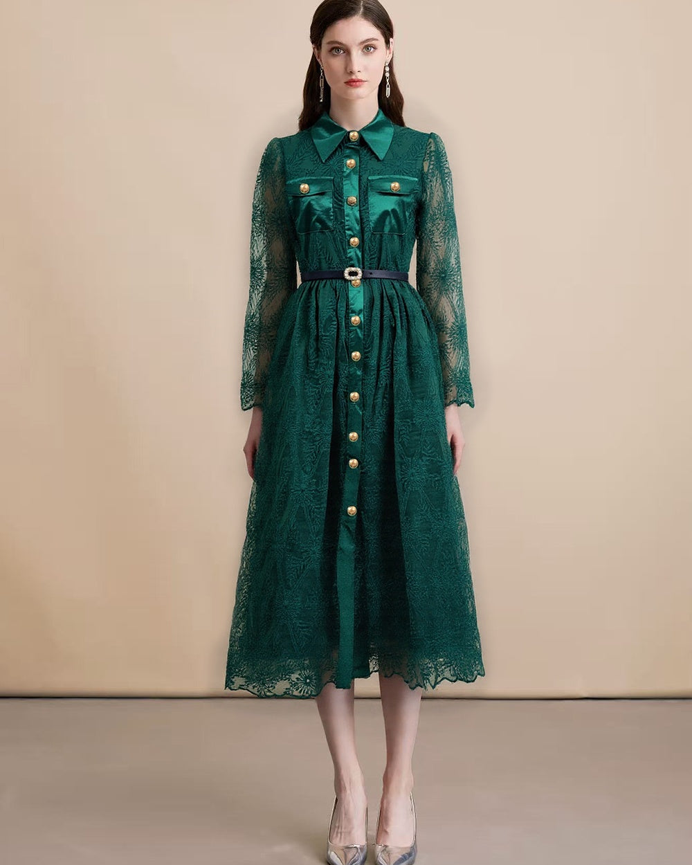 CM-DY060575 Women Elegant European Style Collar NecklineSingle-Breasted Pinched Waist Long Dress - Green