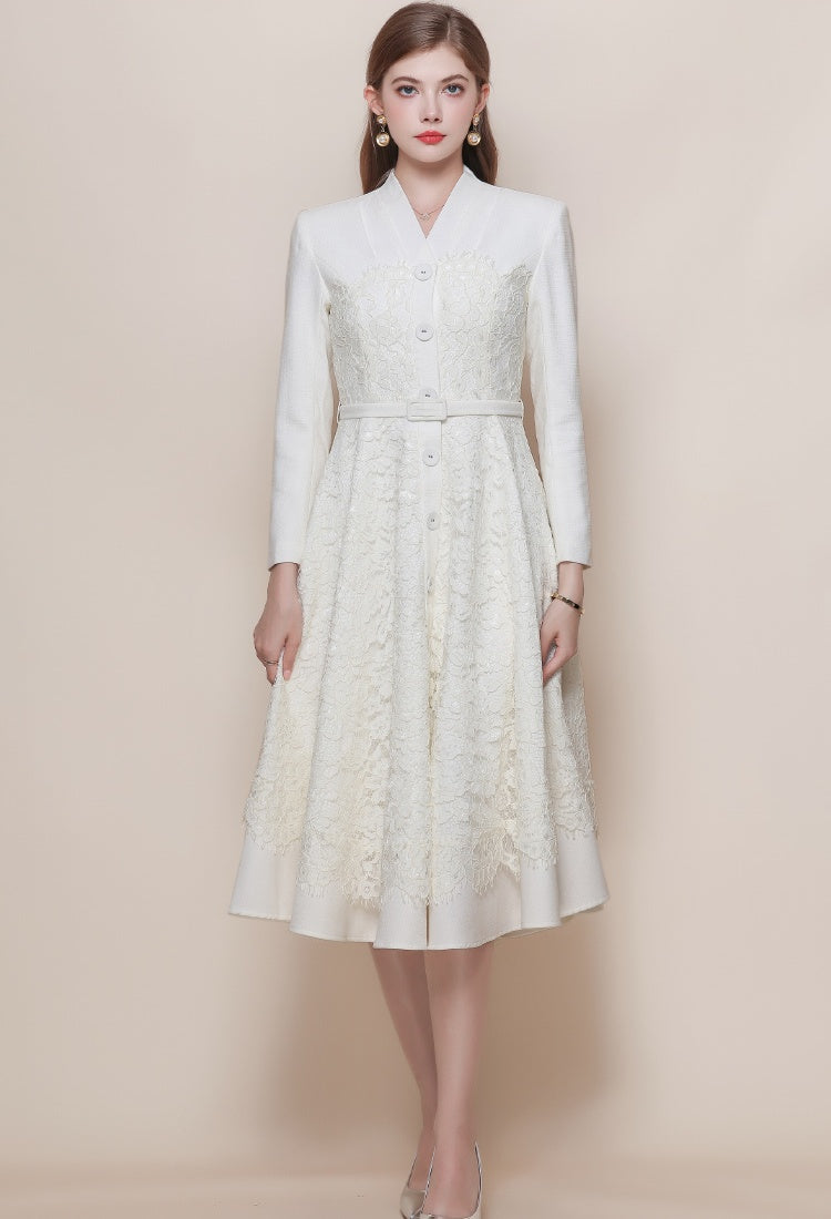 CM-DY060576 Women Elegant European Style V-Neck Long Sleeve High Waist Lace With Belt - Apricot