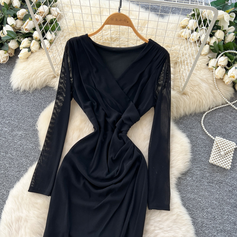 CM-DY061268 Women Elegant European V-Neck Lace Long Sleeve High Waist Split Cross Long Dress (Available in 3 colors)
