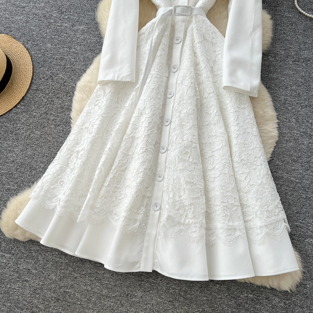 CM-DY061291 Women Elegant European Style V-Neck Long Sleeve Pinched Waist Maxi Dress - White