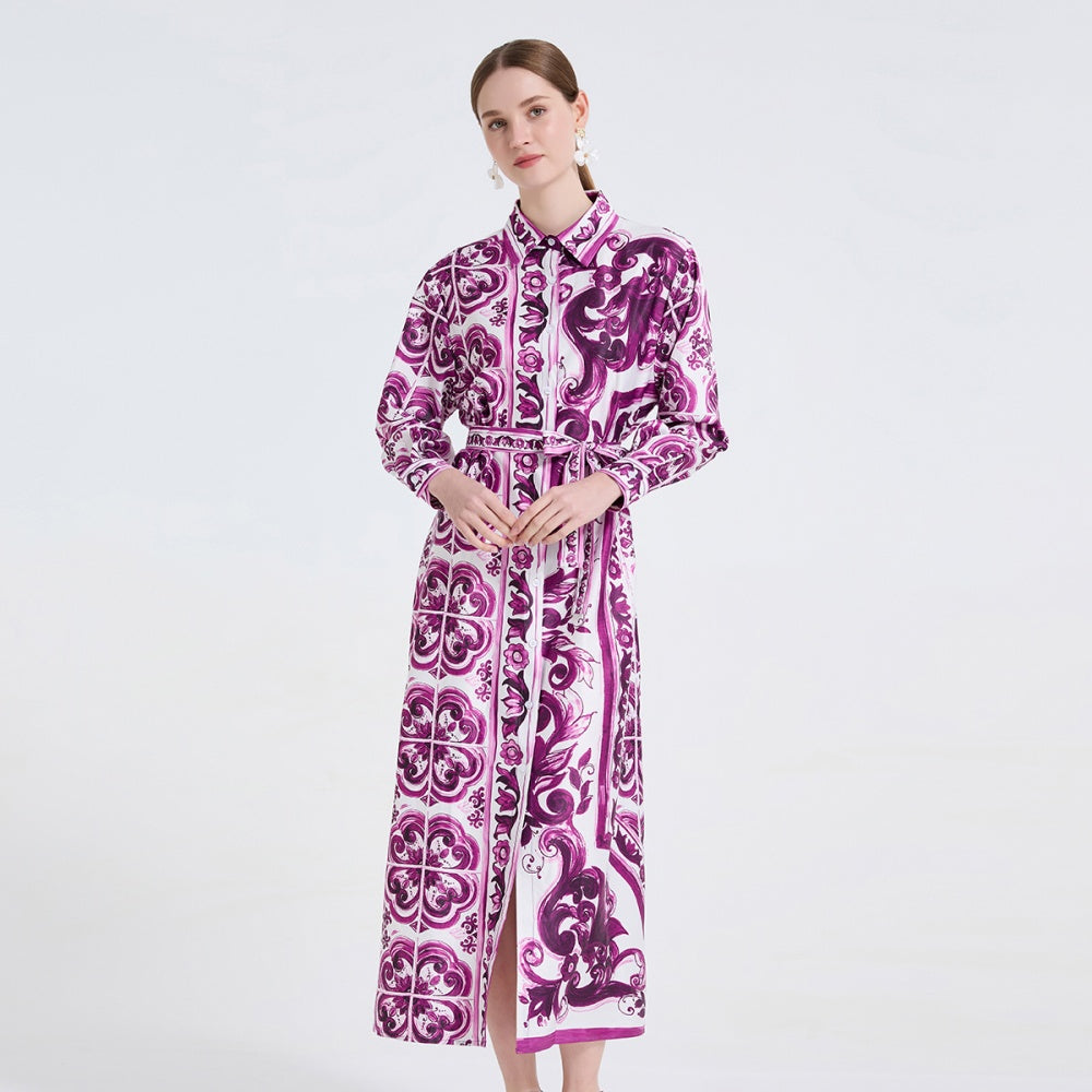 CM-DY061720 Women Elegant European Style Slim Collar Neckline Long Sleeve Pinched Waist Maxi Dress - Purple