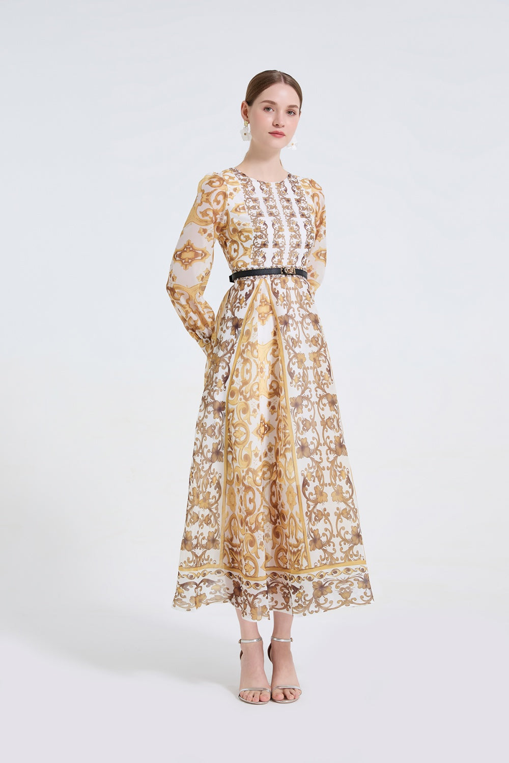 CM-DY061721 Women Elegant European Style Round Neck Long Sleeve High Waist A-Line Maxi Dress (Available in 2 colors)