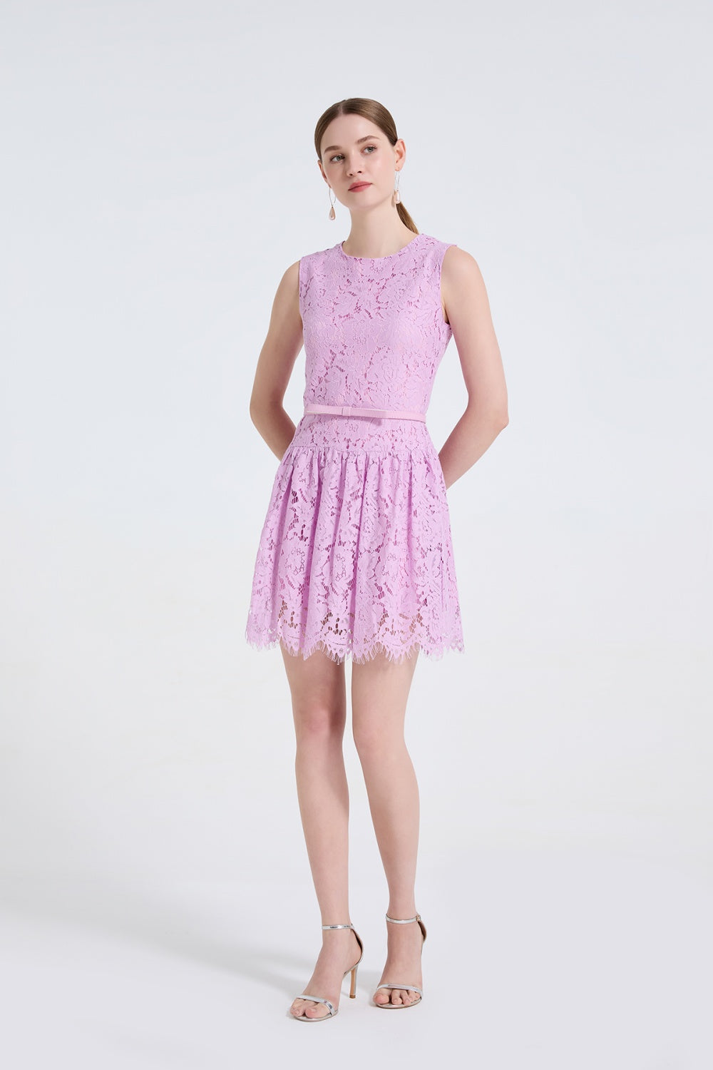 CM-DY061724 Women Elegant European Style Round Neck Sleeveless Lace Mini Dress - Light Purple