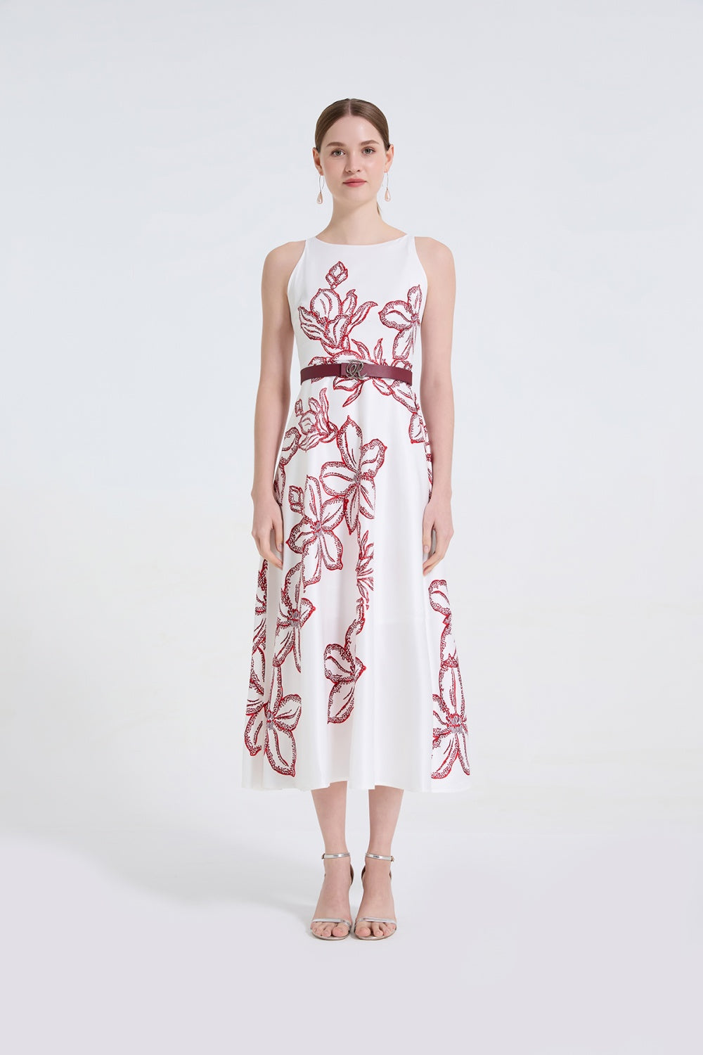 CM-DY061725 Women Elegant European Style Round Neck Sleeveless High Waist Midi Dress - White