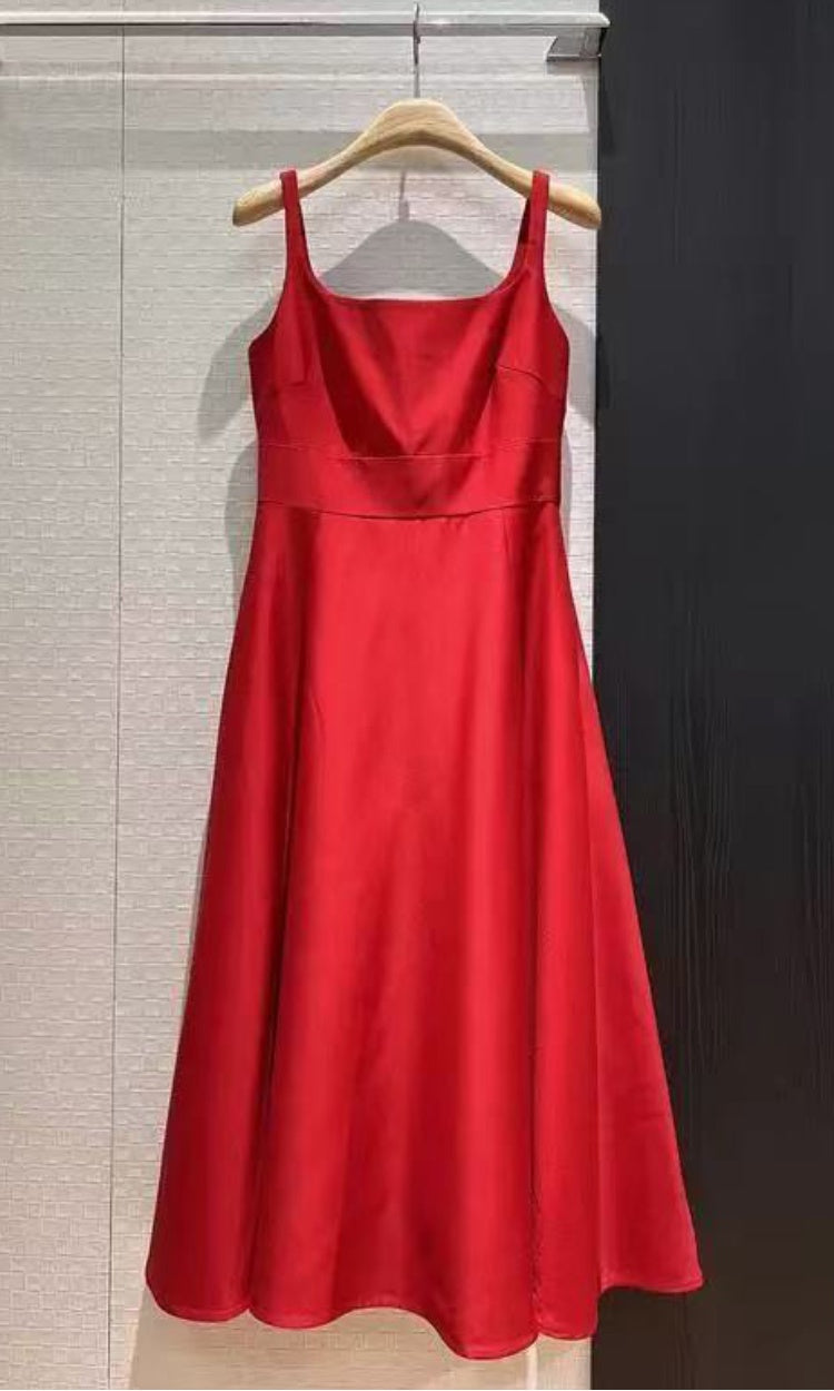 CM-DY061758 Women Elegant European Style Square Neck Sleeveless Pinched Waist Slim Dress - Red