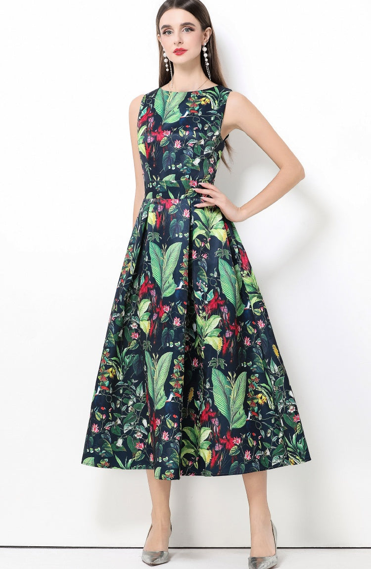CM-DY061759 Women Elegant European Style Round Neck Sleeveless Pinched Waist A-Line Midi Dress