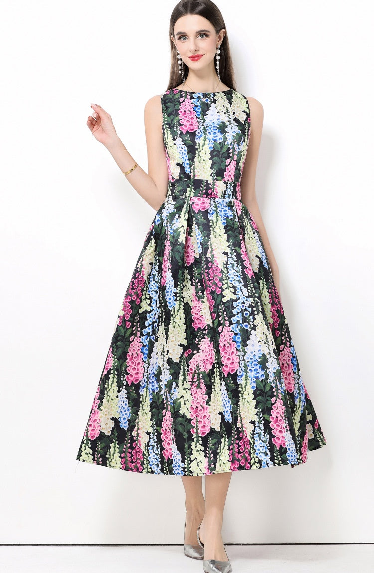CM-DY061760 Women Elegant European Style Round Neck Sleeveless Pinched Waist A-Line Midi Dress