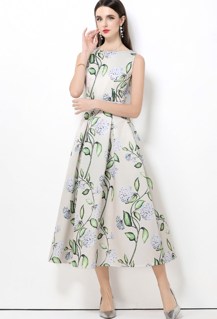 CM-DY061761 Women Elegant European Style Round Neck Sleeveless Pinched Waist A-Line Midi Dress