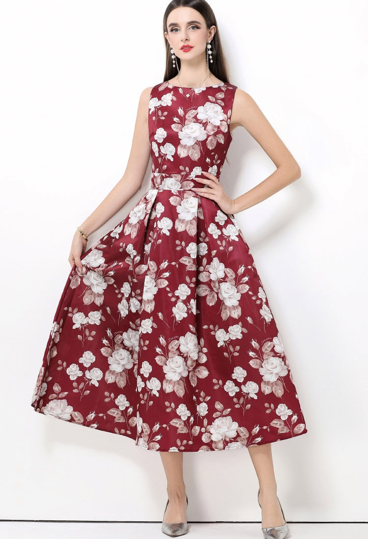 CM-DY061763 Women Elegant European Style Round Neck Sleeveless Pinched Waist A-Line Midi Dress