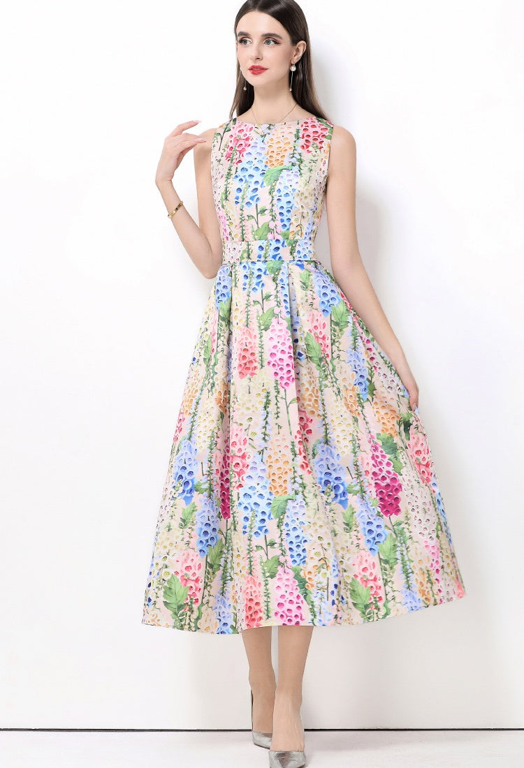 CM-DY061766 Women Elegant European Style Round Neck Sleeveless Pinched Waist A-Line Midi Dress