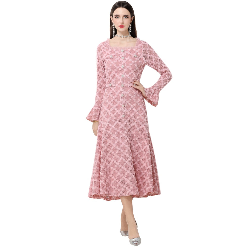 CM-DY061769 Women Elegant European Style Lace Floral Square Neck Long Sleeve High Waist A-Line Dress - Pink