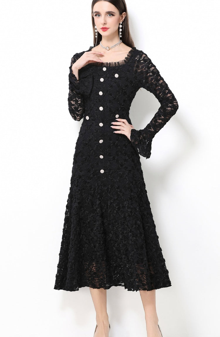 CM-DY061770 Women Elegant European Style Lace Floral Square Neck Long Sleeve High Waist A-Line Dress - Black