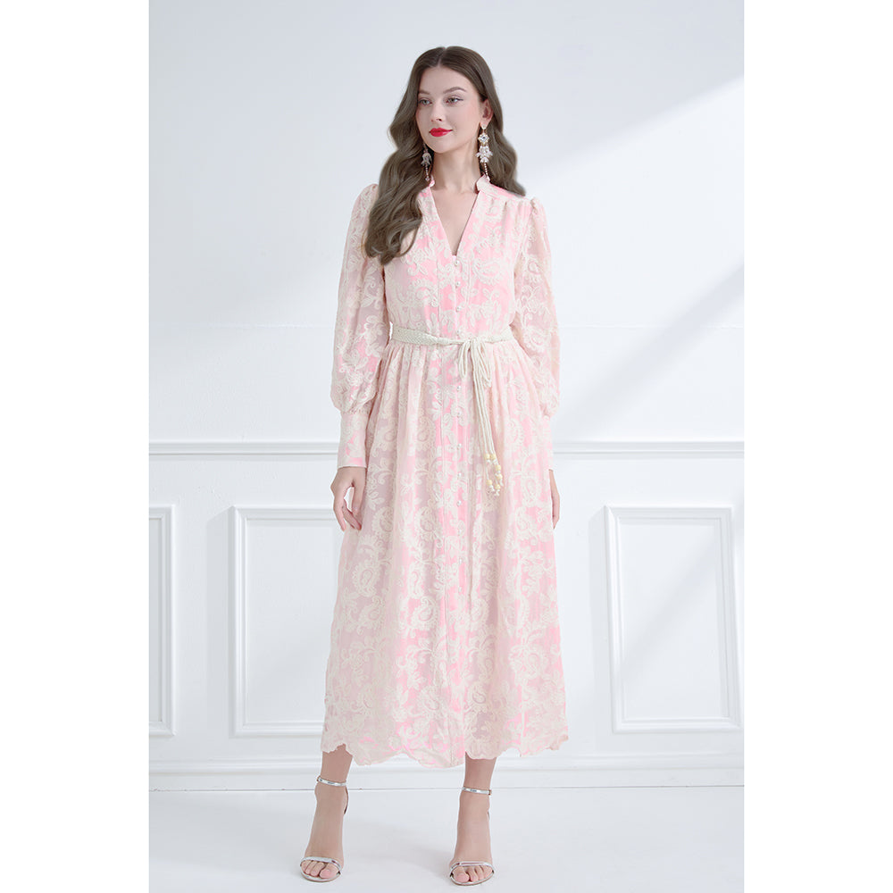 CM-DY061786 Women Elegant European Style Embroidered V-Neck Long Sleeve Lace Midi Dress - Pink