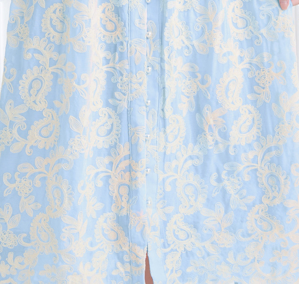 CM-DY061787 Women Elegant European Style Embroidered V-Neck Long Sleeve Lace Midi Dress - Blue