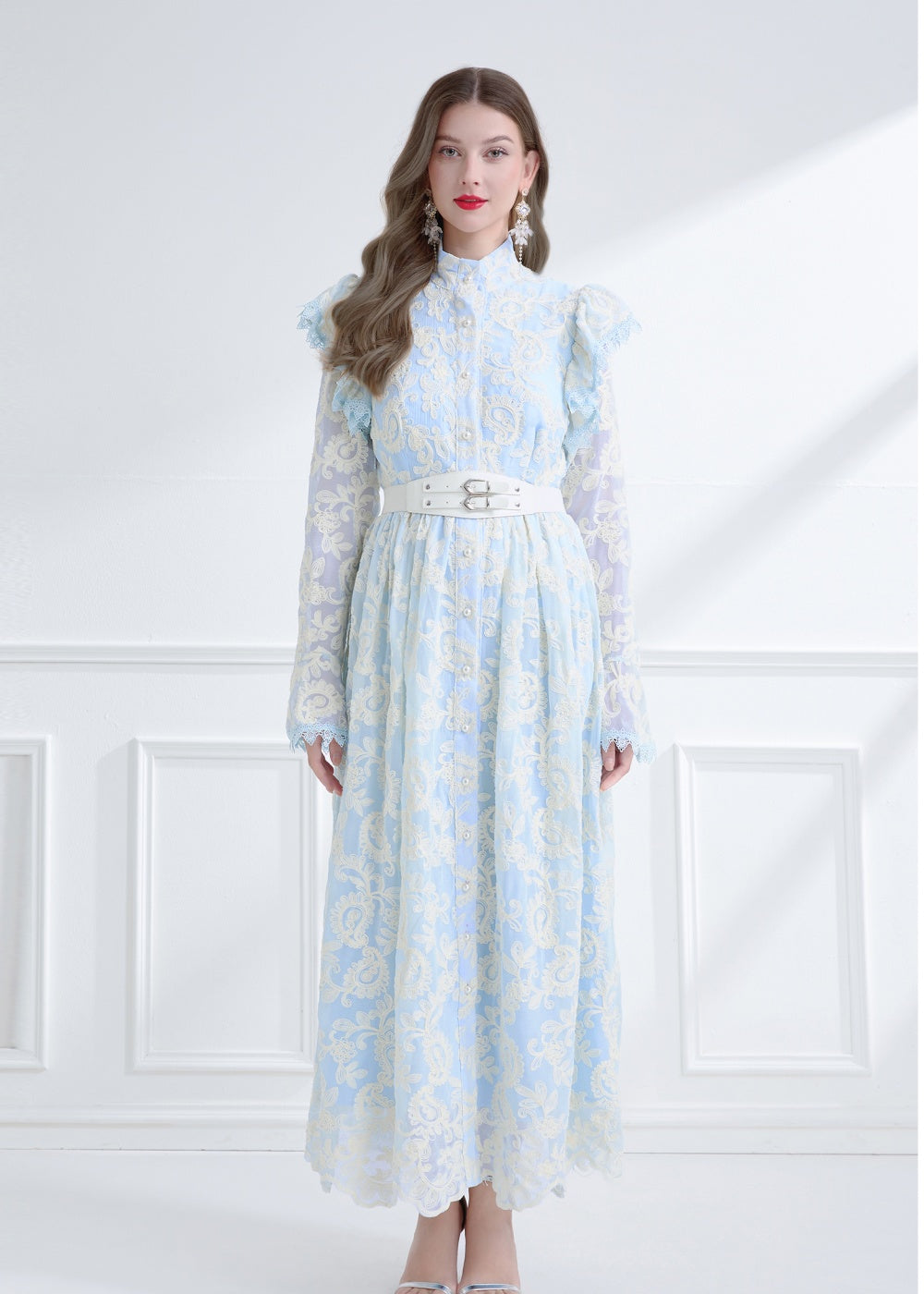 CM-DY061791 Women Elegant European Style Stand Collar Lotus Leaf Edges Long Sleeve Dress - Blue